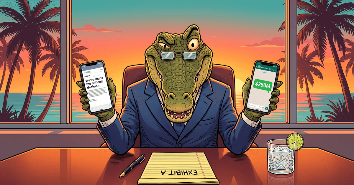 Sonny the crocodile in a blue suit at a boardroom desk against a Miami sunset, holding up two phones: in one hand an email reading 'We've made the difficult decision,' in the other a WhatsApp chat showing $250M, with a legal pad marked EXHIBIT A on the desk