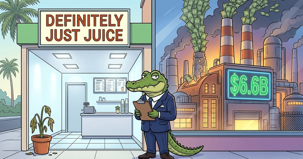 Sonny the crocodile in a suit holding a clipboard, standing beside an empty 'DEFINITELY JUST JUICE' juice-bar kiosk with palm trees, while a factory behind him vents cash into the sky beneath a neon screen reading $6.6B