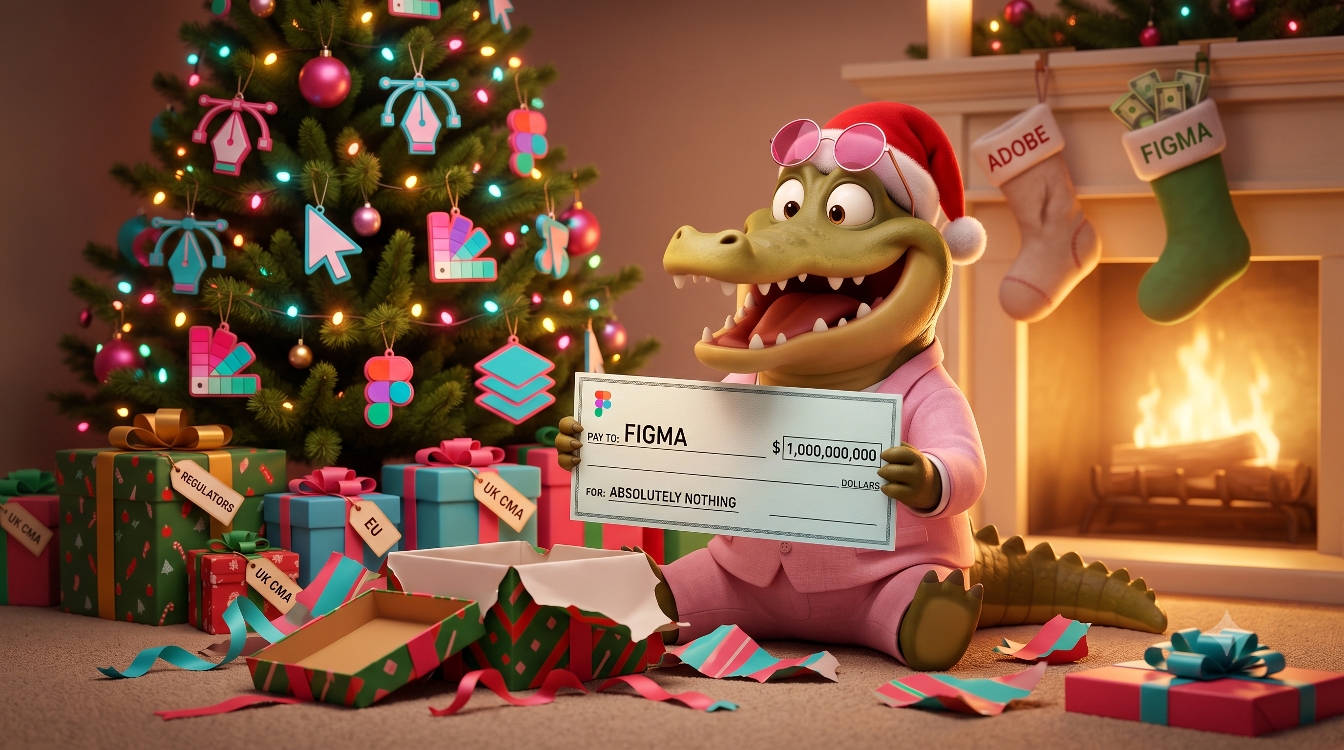 Sonny the crocodile in a Santa suit holding a $1 billion check made out to Figma, standing in front of a Christmas tree decorated with Adobe logos, while Dylan Field opens the gift with a smile