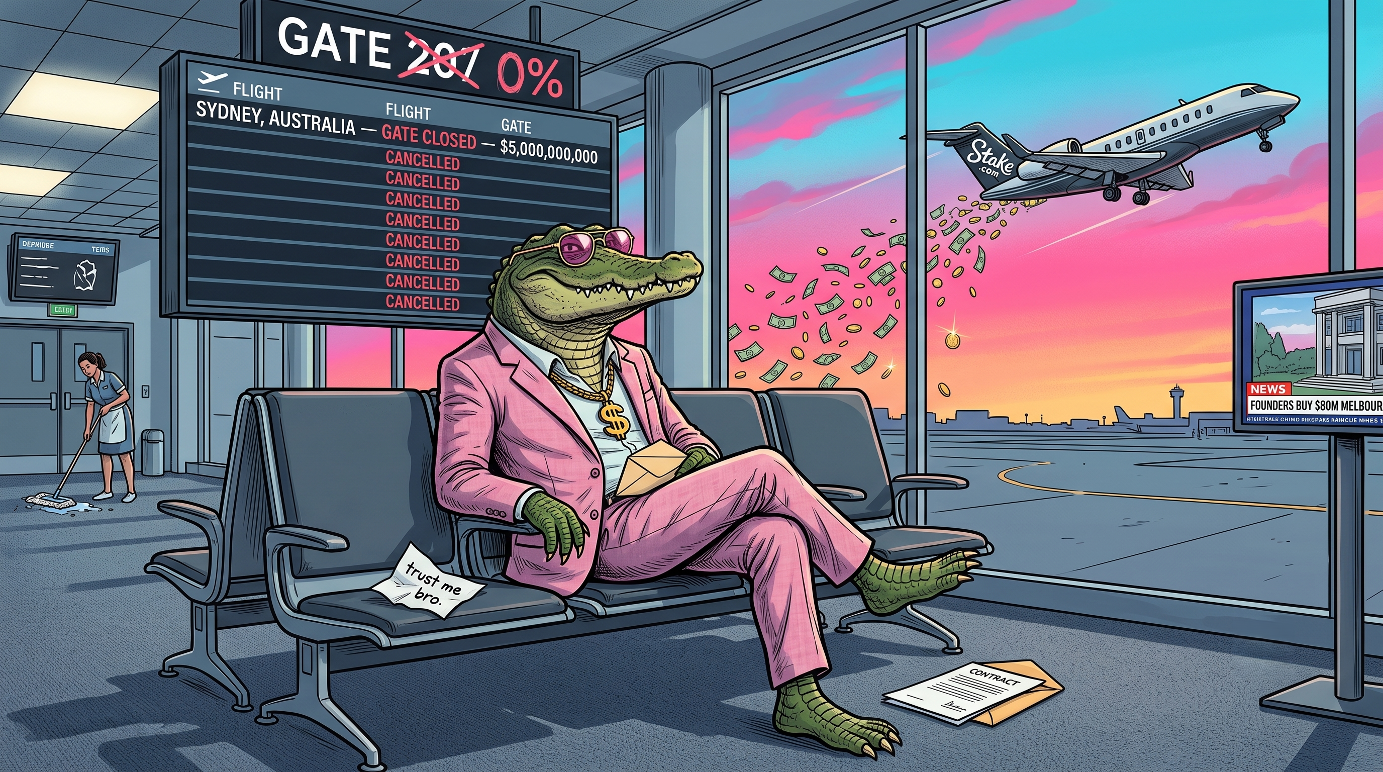 Sonny the crocodile in a Miami suit holding a handshake agreement on a napkin labeled 400 million dollars, standing outside a Stake.com casino while a private jet with Ed Craven departs for Melbourne in the background