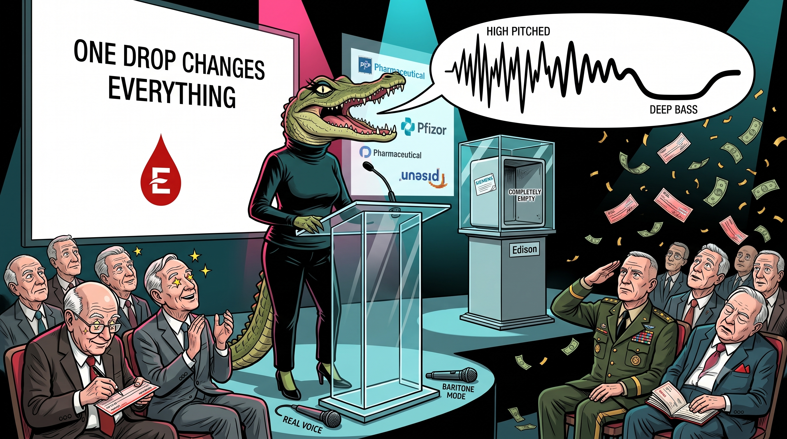 Sonny the crocodile in a black turtleneck holding a single drop of blood on his claw, standing in front of a Theranos logo while a row of decorated generals and former secretaries of state applaud behind him