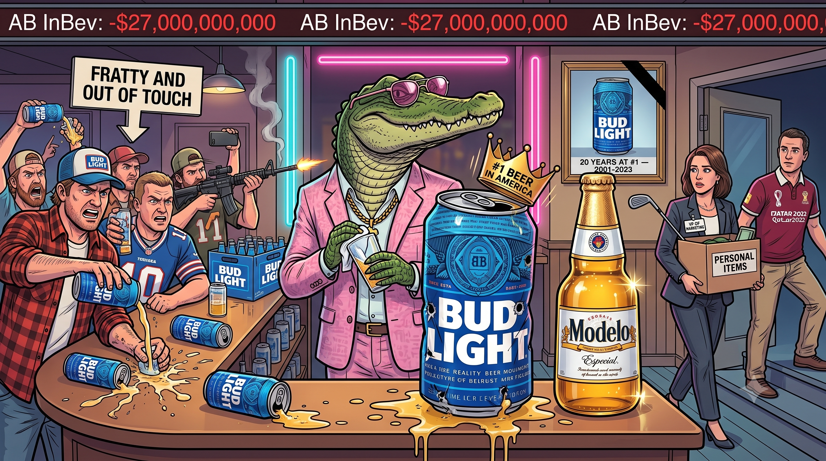 Sonny the crocodile in a flannel shirt holding a Bud Light can with Dylan Mulvaney's face on it, standing in a bar where half the stools are empty and a Modelo sign glows in the background