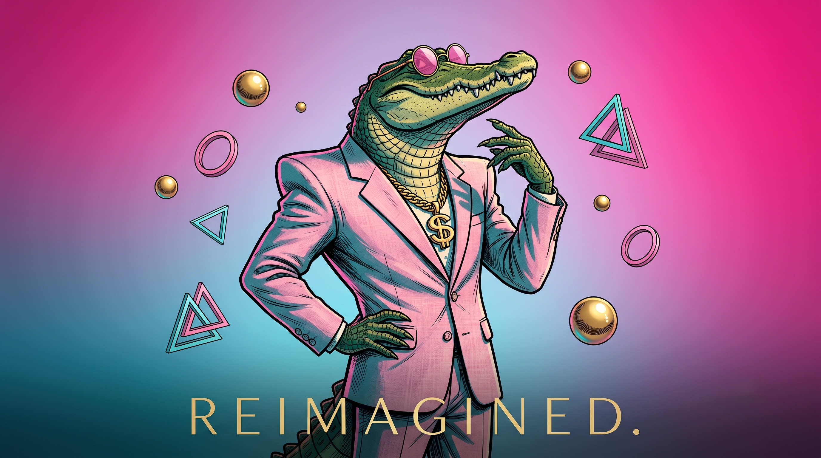 Sonny the crocodile in a pink suit standing next to a showroom with no cars, holding a brochure that says Copy Nothing while an empty parking lot stretches behind him and a sign reads Jaguar — Reimagined