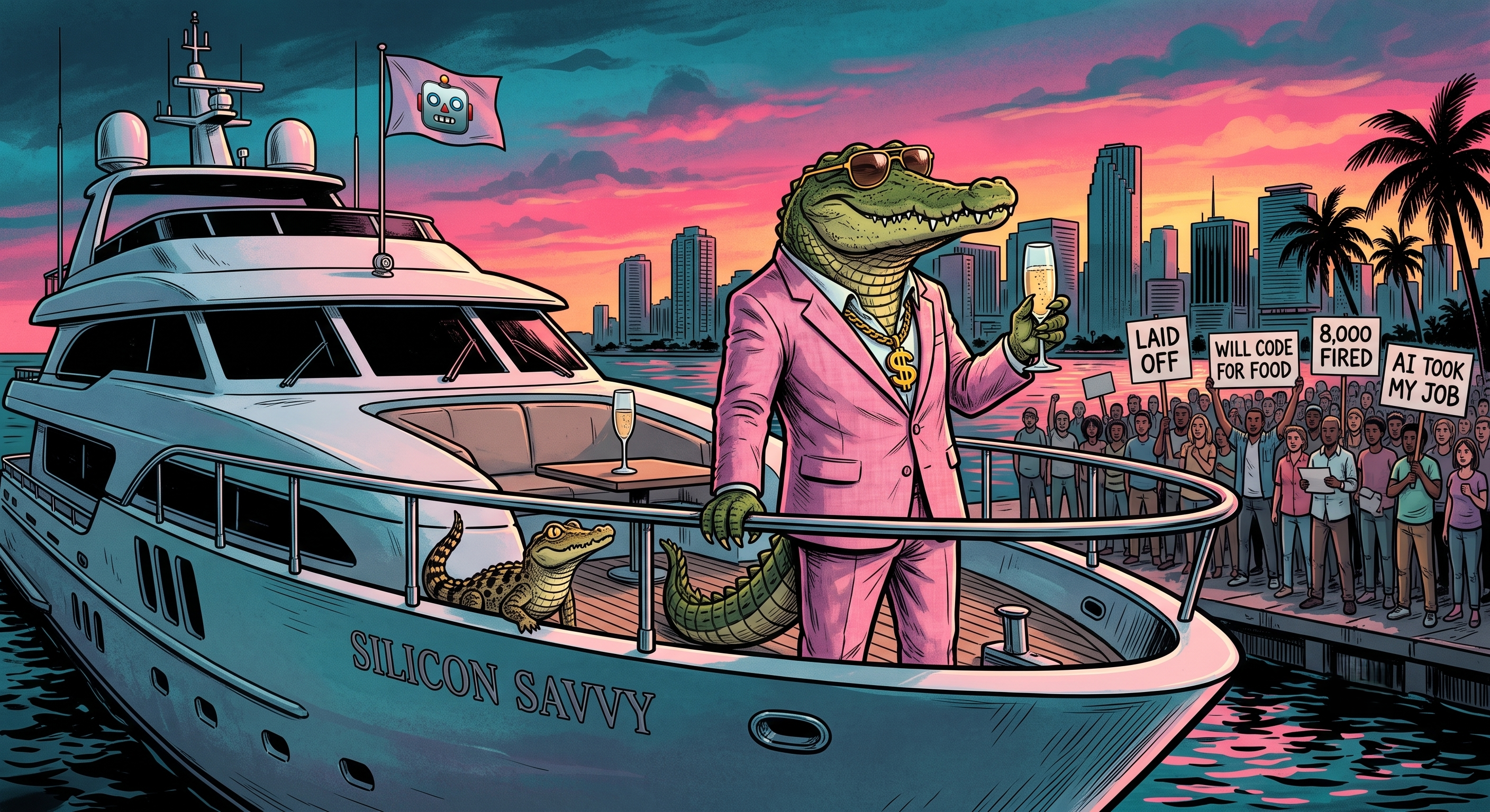 Sonny the crocodile in a pink suit on a luxury yacht named Silicon Savvy, holding champagne while 8,000 laid-off tech workers protest on the Miami shore with signs reading Laid Off, Will Code For Food, 8000 Fired, and AI Took My Job