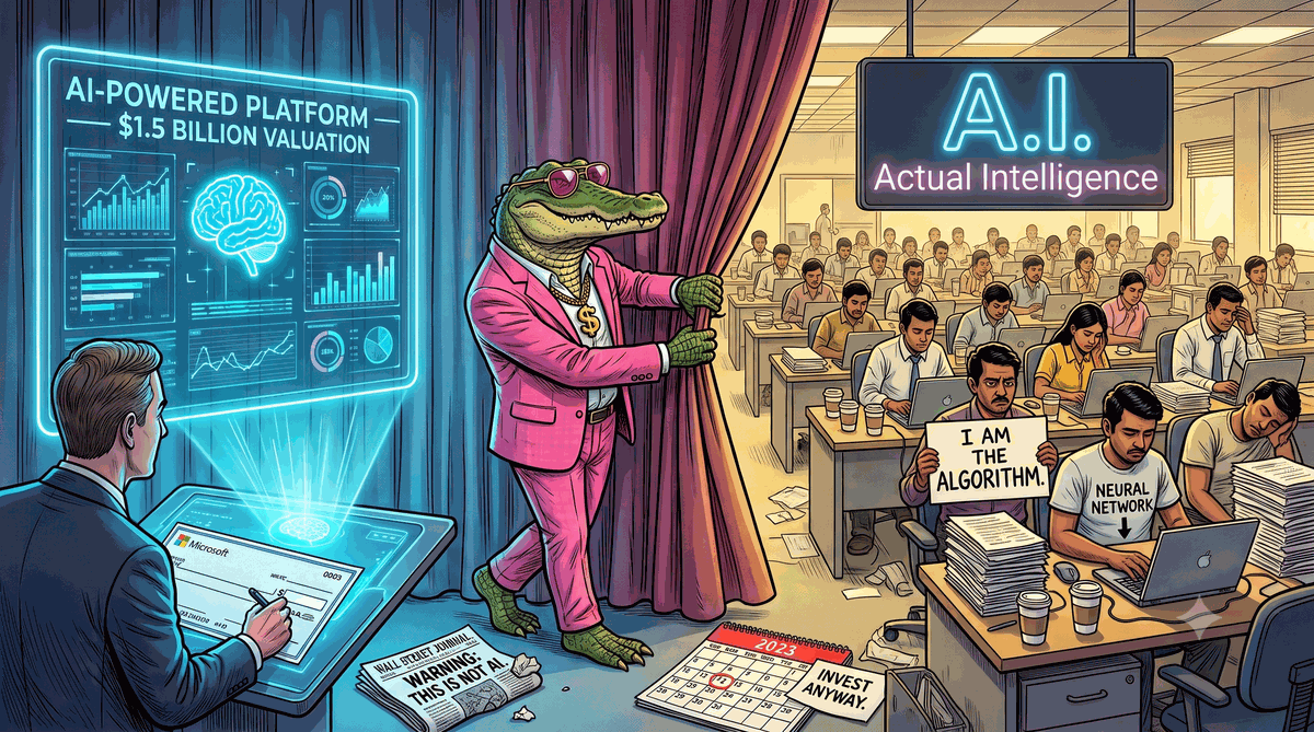 Sonny the crocodile in a Microsoft-blue suit standing in front of a server room where 700 engineers in Bangalore are visible through the glass, holding a contract labeled AI Investment while a Wall Street Journal front page from 2019 lies ignored on the floor