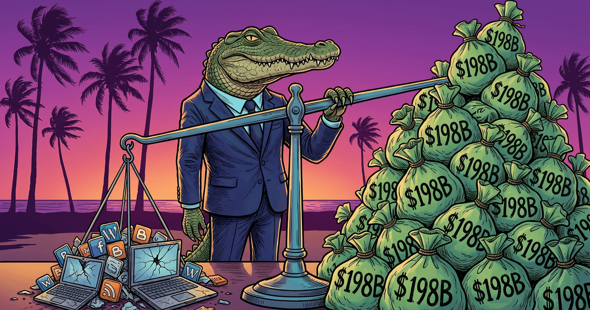 Sonny the crocodile in a Miami-blue suit standing at a lectern labeled 'AI OVERVIEW,' reading an answer aloud off a giant search bar while, behind him, a long row of little website tombstones stretches to the horizon and a coin-counter above his head ticks toward $198,000,000,000